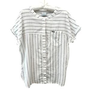 COLUMBIA | Camp Henry White Black Striped Short Sleeve Button Front Top | Large